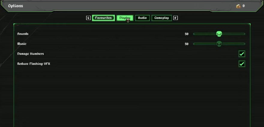 Options menu showing volume sliders and checked Damage Numbers and Reduce Flashing VFX controls.